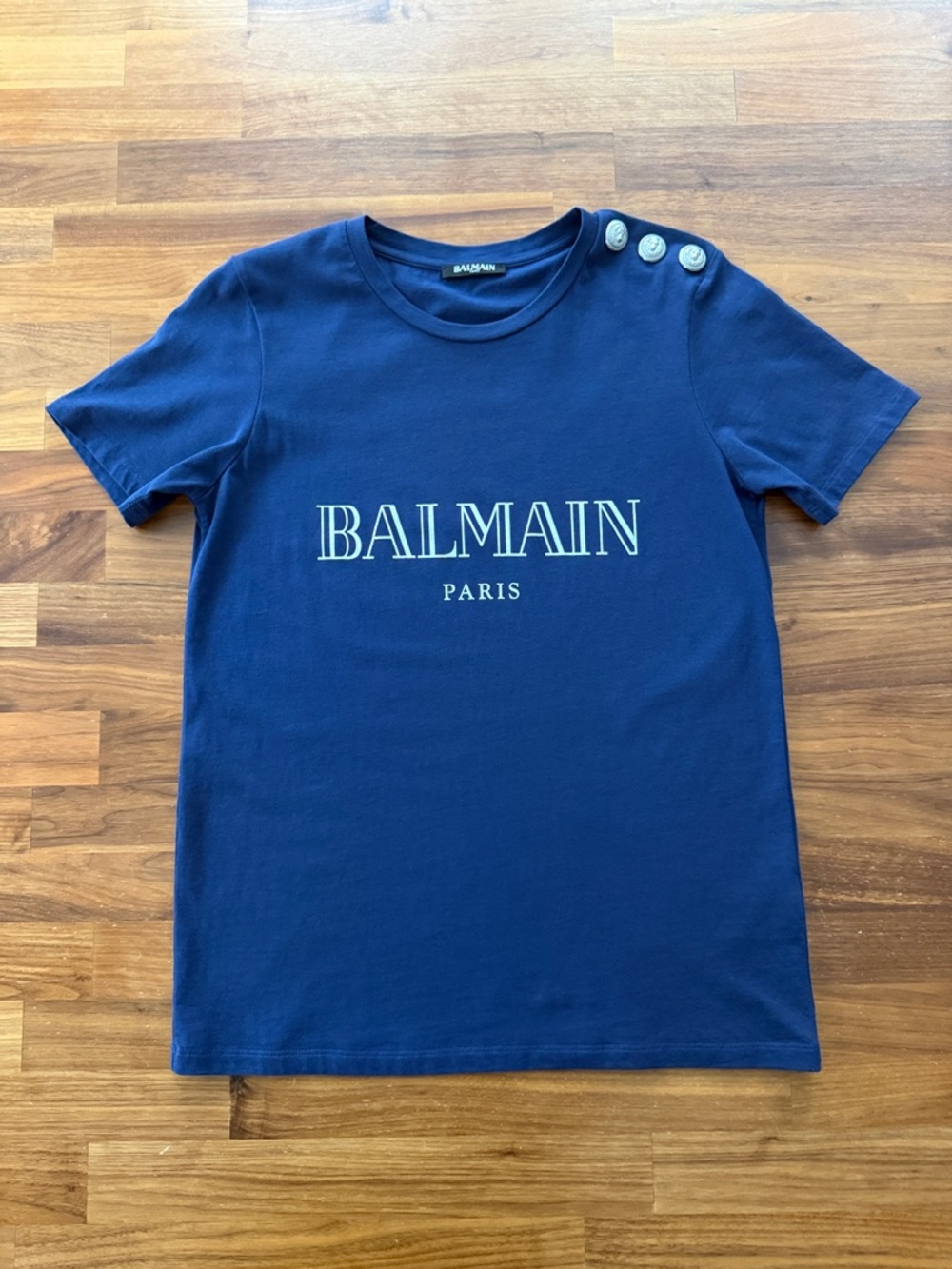 Balmain Navy Blue Logo Tee with Shoulder Buttons